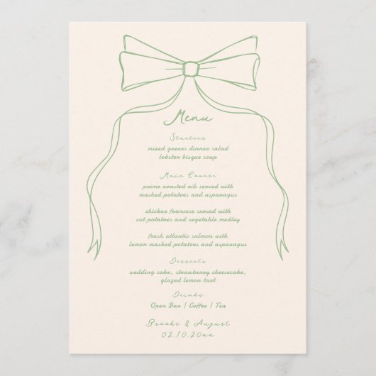 Hand getekend Quirky Bow Green Wedding Menu (Voorkant)