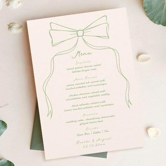 Hand getekend Quirky Bow Green Wedding Menu