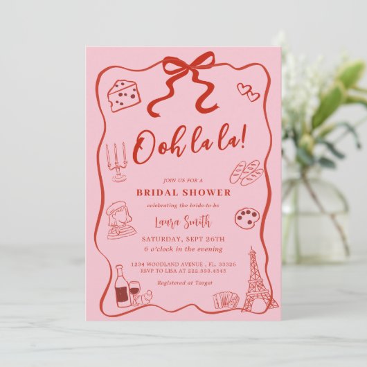 Hand getekend Red Bow Paris Vrijgezellenfeest Kaart (Staand voorkant)