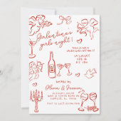 Hand getekend Red Galentine's Girls Night Party Kaart (Voorkant)