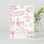 Hand getekend Red Galentine's Girls Night Party Kaart (Staand voorkant)
