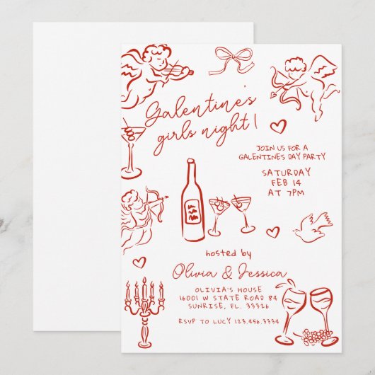 Hand getekend Red Galentine's Girls Night Party Kaart (Voorkant / Achterkant)