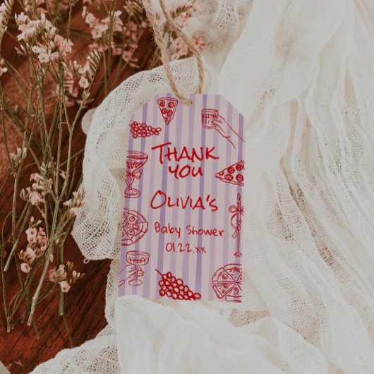 Hand getekend Rode Pizza Ciao Paarse Baby shower Cadeaulabel