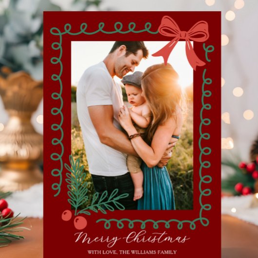 Hand getekend rood en groen vrolijk feestdagenkaart