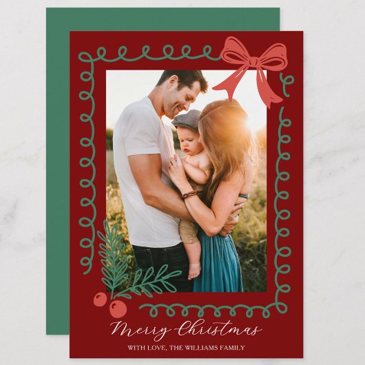 Hand getekend rood en groen vrolijk feestdagenkaart