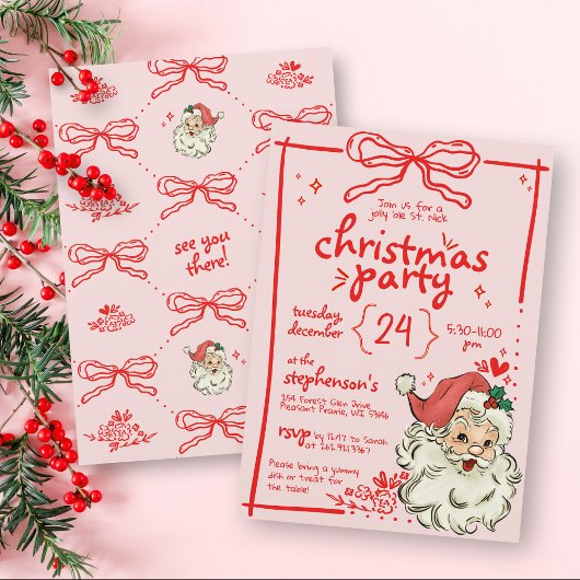 Hand getekend rood roze boog kerstman kaart