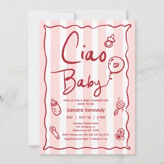 Hand getekend rood roze Ciao Baby Baby shower Kaart (Voorkant)