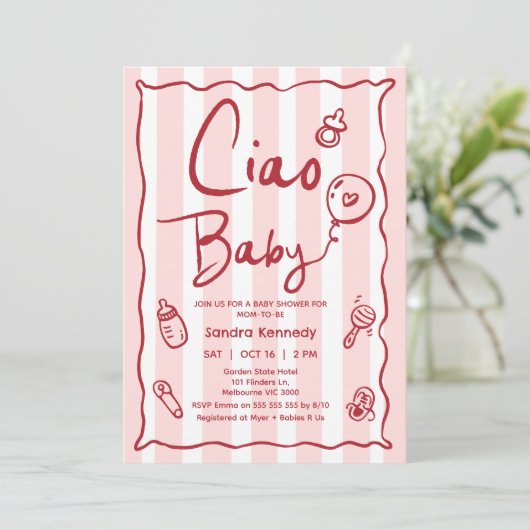 Hand getekend rood roze Ciao Baby Baby shower Kaart (Staand voorkant)