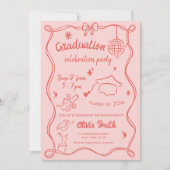 Hand getekend Rood Roze Doodle Foto Graduation Par Kaart (Voorkant)