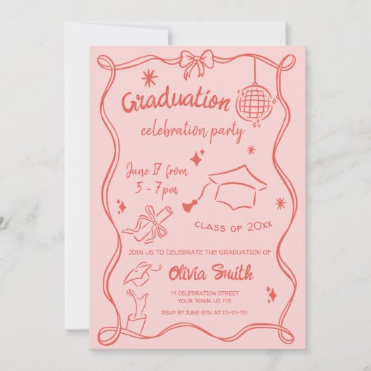 Hand getekend Rood Roze Doodle Foto Graduation Par Kaart (Voorkant)