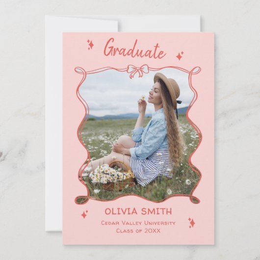 Hand getekend Rood Roze Doodle Foto Graduation Par Kaart (Achterkant)