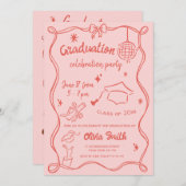 Hand getekend Rood Roze Doodle Foto Graduation Par Kaart (Voorkant / Achterkant)