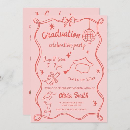 Hand getekend Rood Roze Doodle Foto Graduation Par Kaart (Voorkant / Achterkant)