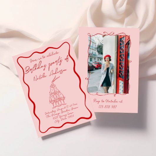 Hand getekend rood roze Wavy 70s foto verjaardagsf Kaart