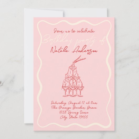 Hand getekend rood roze Wavy Lijst 70s verjaardags Kaart (Voorkant)