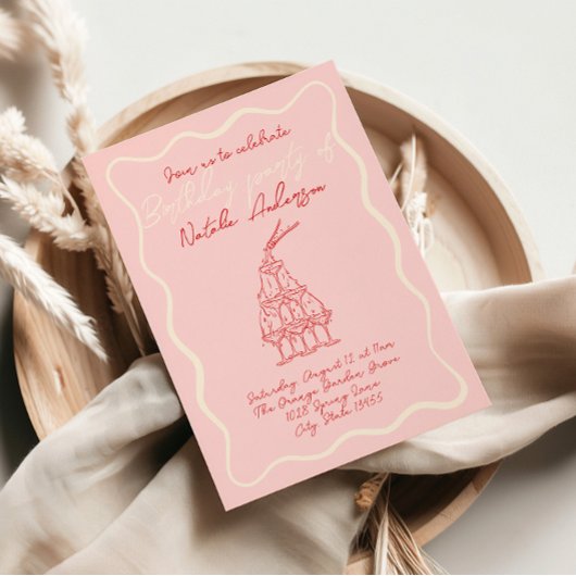 Hand getekend rood roze Wavy Lijst 70s verjaardags Kaart