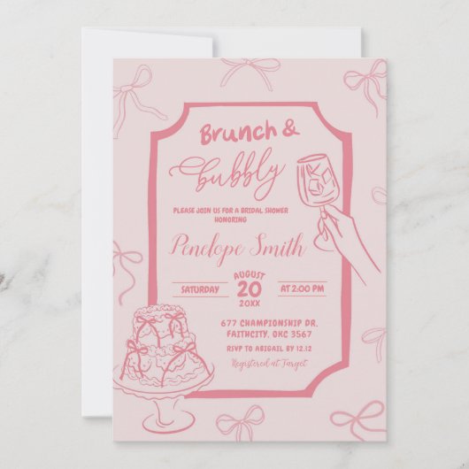 Hand getekend Roze Coquette Brunch en Bubbly Kaart (Voorkant)