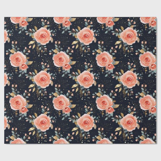 Hand getekend Roze Roos, Marine & Goud Elegante Bl Cadeaupapier (Vlak)