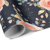 Hand getekend Roze Roos, Marine & Goud Elegante Bl Cadeaupapier (Rol Hoek)