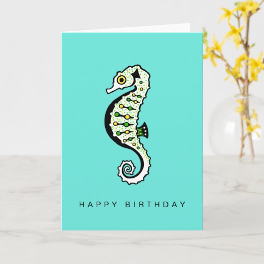 Hand getekend - SEAHORSE - Wildlife - Aqua Kaart (Gele Bloem)