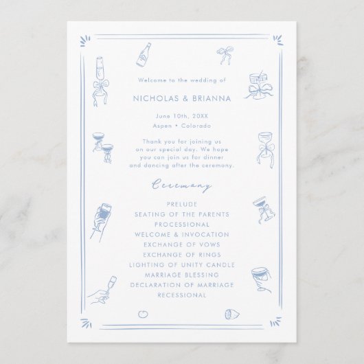 Hand getekend wit en stoffige blauwe bruiloft programmakaart (Voorkant)