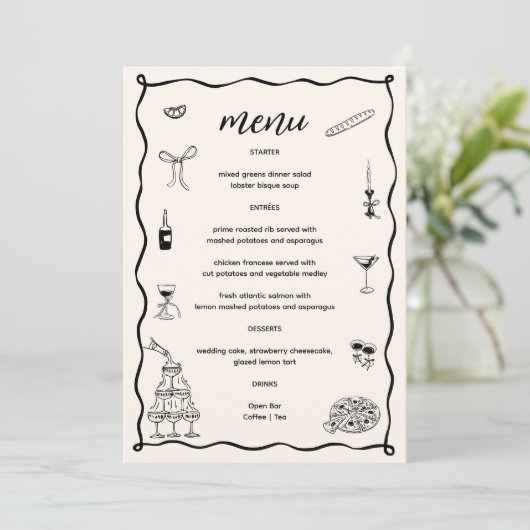 Hand getekend zwart dat is Amore Vrijgezellenfeest Menu (Staand voorkant)