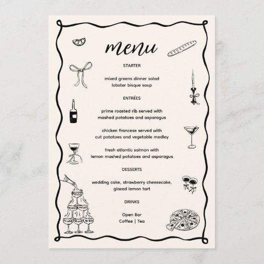 Hand getekend zwart dat is Amore Vrijgezellenfeest Menu (Voorkant)