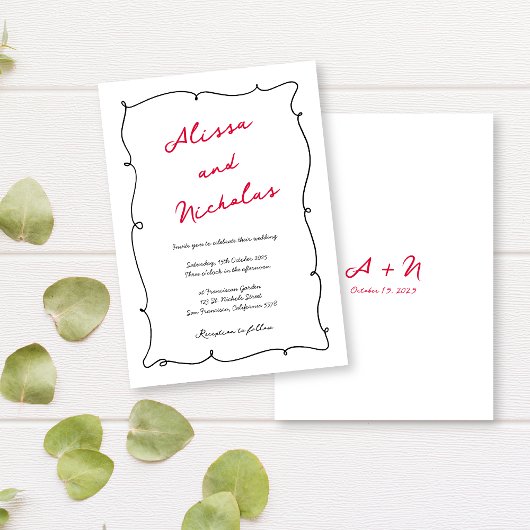 Hand getekend zwart & rode grens Monogrammed bruil Kaart