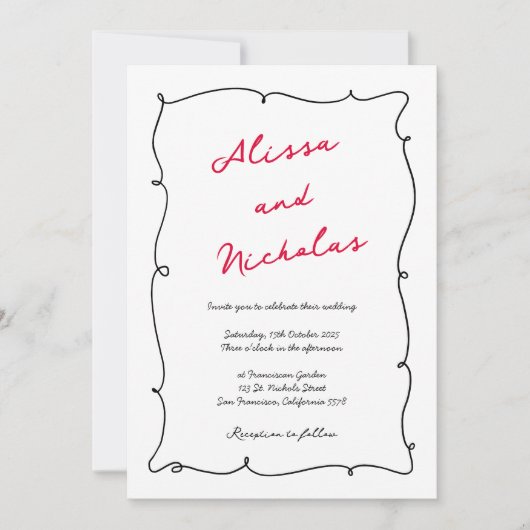 Hand getekend zwart & rode grens Monogrammed bruil Kaart (Voorkant)