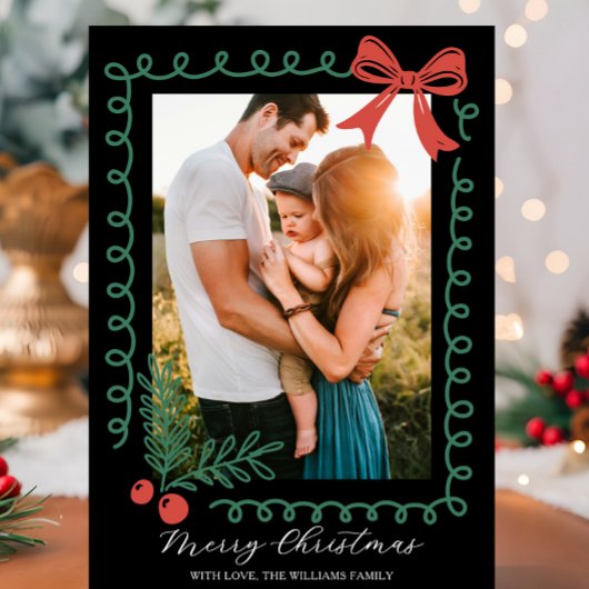 Hand getekend zwart rood groen vrolijk kerstfeest feestdagenkaart