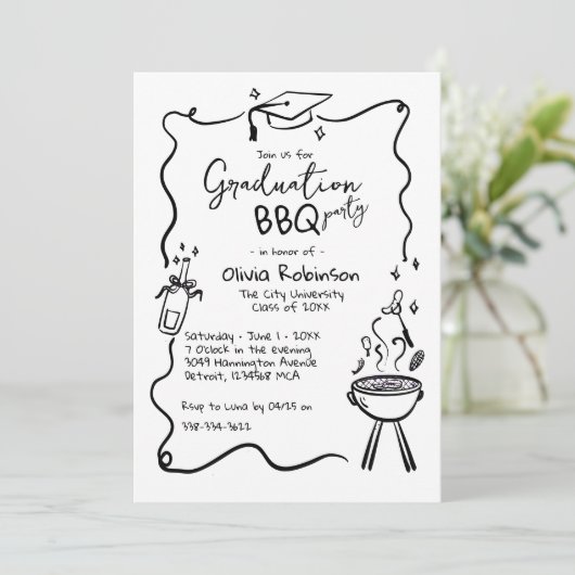 Hand getekende Barbeque Afstuderen Foto Kaart (Staand voorkant)