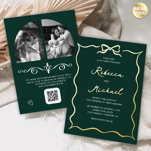 Hand Getekende Boog QR Code Foto Bruiloft Smaragd  Folie Uitnodiging
