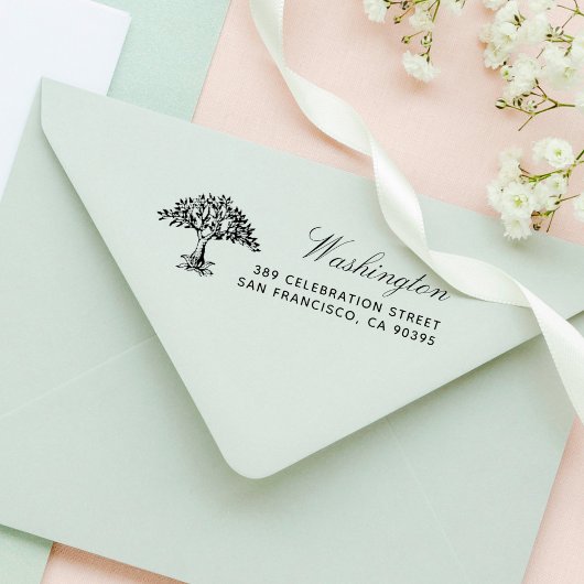 Hand-getekende boom familienaam script retouradres  zelfinktende stempel