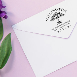 Hand-getekende boom ronde familienaam retouradres zelfinktende stempel