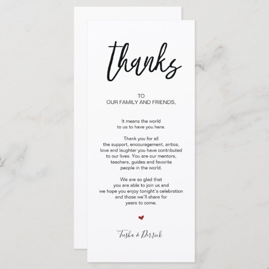 Hand getekende bruiloft Bedankt Plaats Instelling Programmakaart (Voorkant / Achterkant)