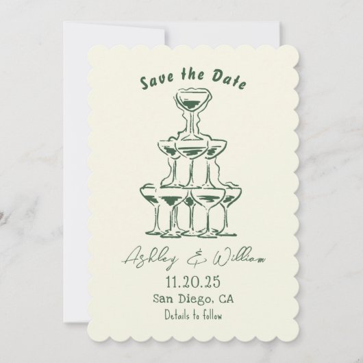 Hand getekende Champagne Tower Wedding Save the Da Kaart (Voorkant)