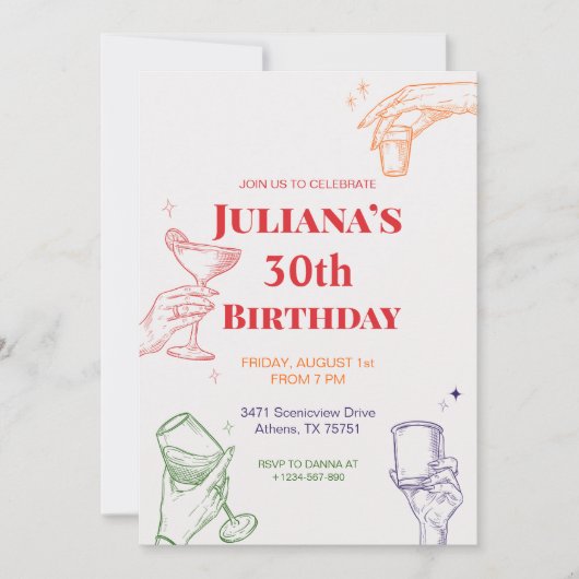 Hand getekende cocktail 30e verjaardag uitnodiging (Voorkant)
