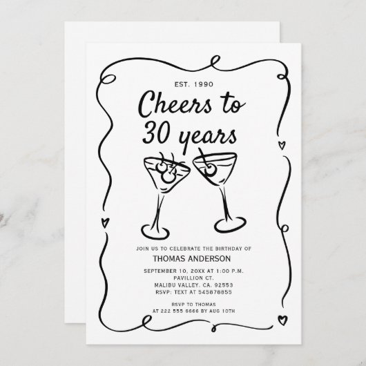 Hand getekende cocktail 30th, 40th, 50th, Verjaard Kaart (Voorkant / Achterkant)