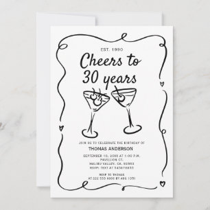 Hand getekende cocktail 30th, 40th, 50th, Verjaard Kaart