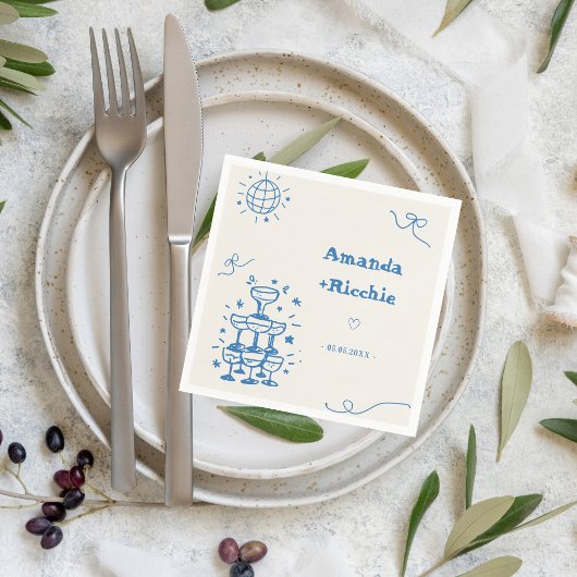 Hand getekende disco grillige retro Franse bruilof Servet