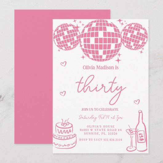 Hand getekende discobal 30e verjaardagsfeest kaart (Voorkant / Achterkant)