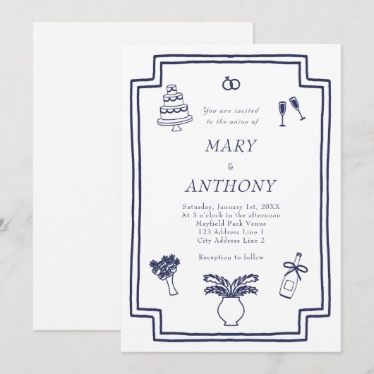 Hand getekende Franse geïllustreerde bruiloft uitn Kaart (Voorkant / Achterkant)