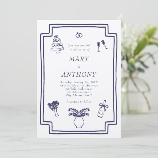 Hand getekende Franse geïllustreerde bruiloft uitn Kaart (Staand voorkant)