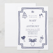 Hand getekende Franse geïllustreerde bruiloft uitn Kaart (Voorkant / Achterkant)