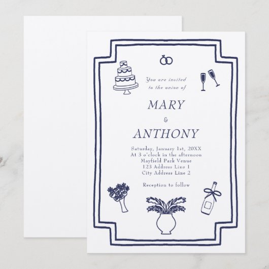 Hand getekende Franse geïllustreerde bruiloft uitn Kaart (Voorkant / Achterkant)