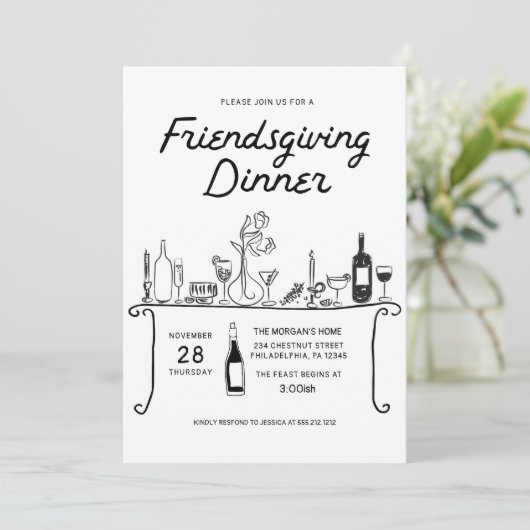 Hand Getekende Friendsgiving-diner Kaart (Staand voorkant)