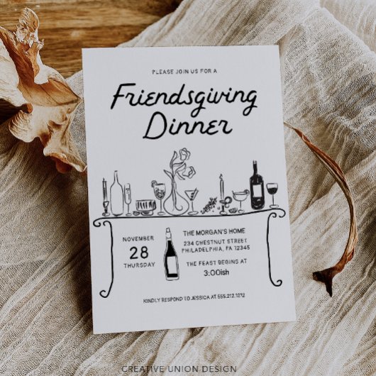 Hand Getekende Friendsgiving-diner Kaart