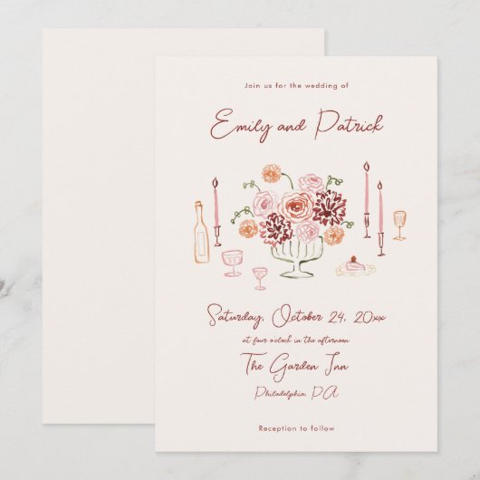 Hand getekende Funky Whimsical Wedding Kaart (Voorkant / Achterkant)