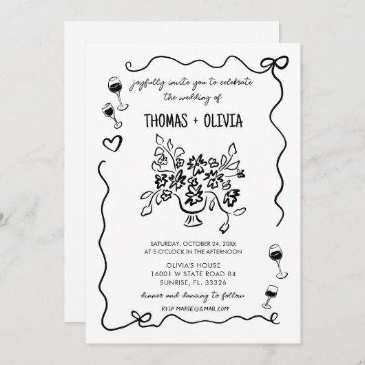 Hand getekende Funky Whimsical Wedding Kaart (Voorkant / Achterkant)