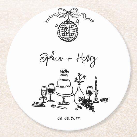 Hand getekende funky Whimsical Wedding Ronde Kartonnen Onderzetter (Voorkant)
